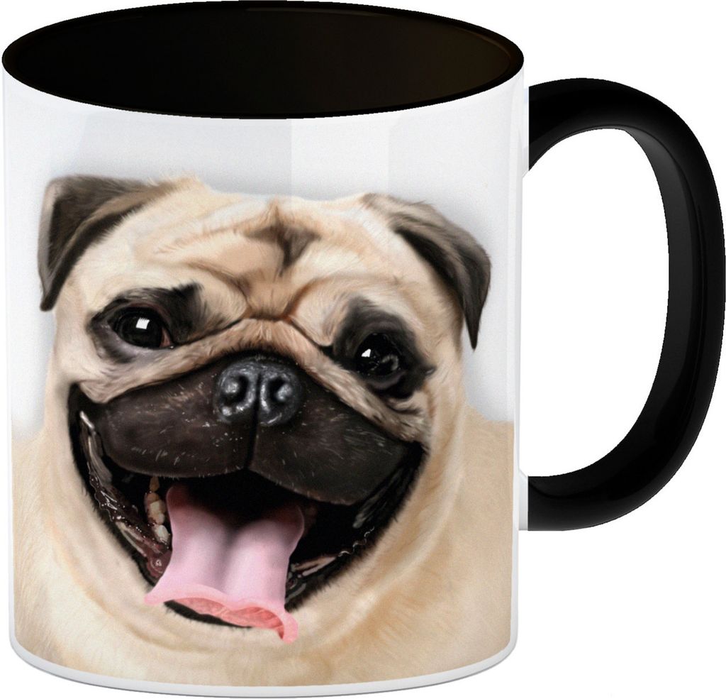 Kaffeebecher Henkel und Innenseite Schwarz mit Mops Motiv