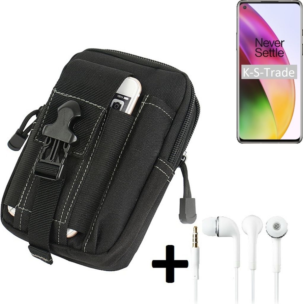K-S-Trade Gürteltache + Kopfhörer kompatibel mit OnePlus 8 Gürtel Tasche Holster Schutz Hülle Handy Hülle schwarz inkl. Extrafächer