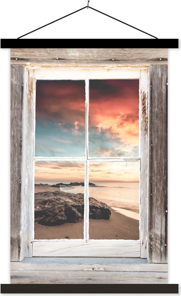 MuchoWow Textilposter Durchblick - Holz - Strand 60x90 cm mit schwarzem Rahmen - Poster Wohnzimmer