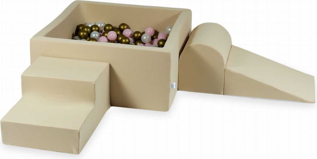 Schaumstoff-Spielset mit quadratischem Bällebad – Schaumstoff-Spielset mit quadratischem Pool 90x90x40 beige + 400 Bällebadbälle / Perle, Baby...