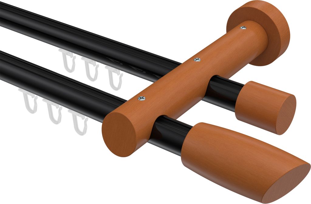 Interdeco Innenlaufstange / Gardinenstange mit Innenlauf Schwarz / Kirschbaum lackiert, Typ Talent Etta (Ellipse Schräge), 20 mm Ø 2-läufig, 320 cm