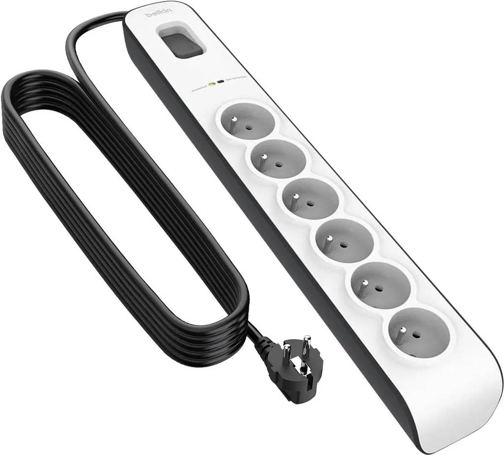 Multiprise 6 prises pour bureau avec câble 2m et interrupteur blanc