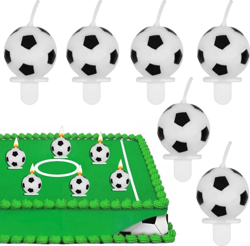 FUSSBALL Geburtstagskerzen, Tortenpicker, Geburtstagsparty eines FUSSBALLSPIELERS, SET 6 Stück, 3,7 cm