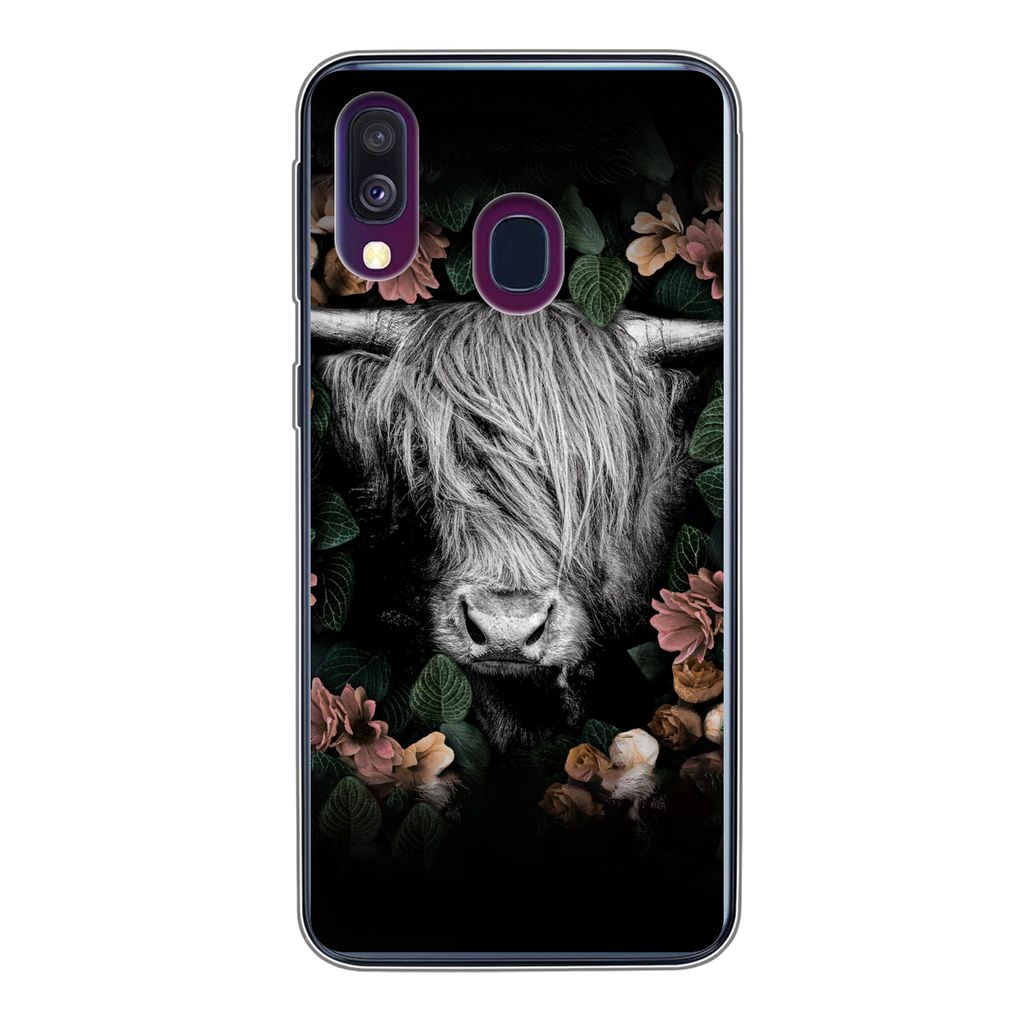 MuchoWow Handyhülle Schutzhülle Hülle für Samsung Galaxy A40 Schottischer Highlander - Blumen - Rosa Silikon Softcase Handy Hülle - Handy-Ta...