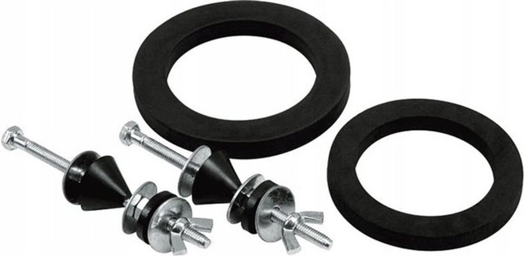 A set of toilet repair parts, including two rubber gaskets and two bolts with rubber cones and wing nuts, are laid out on a white background.