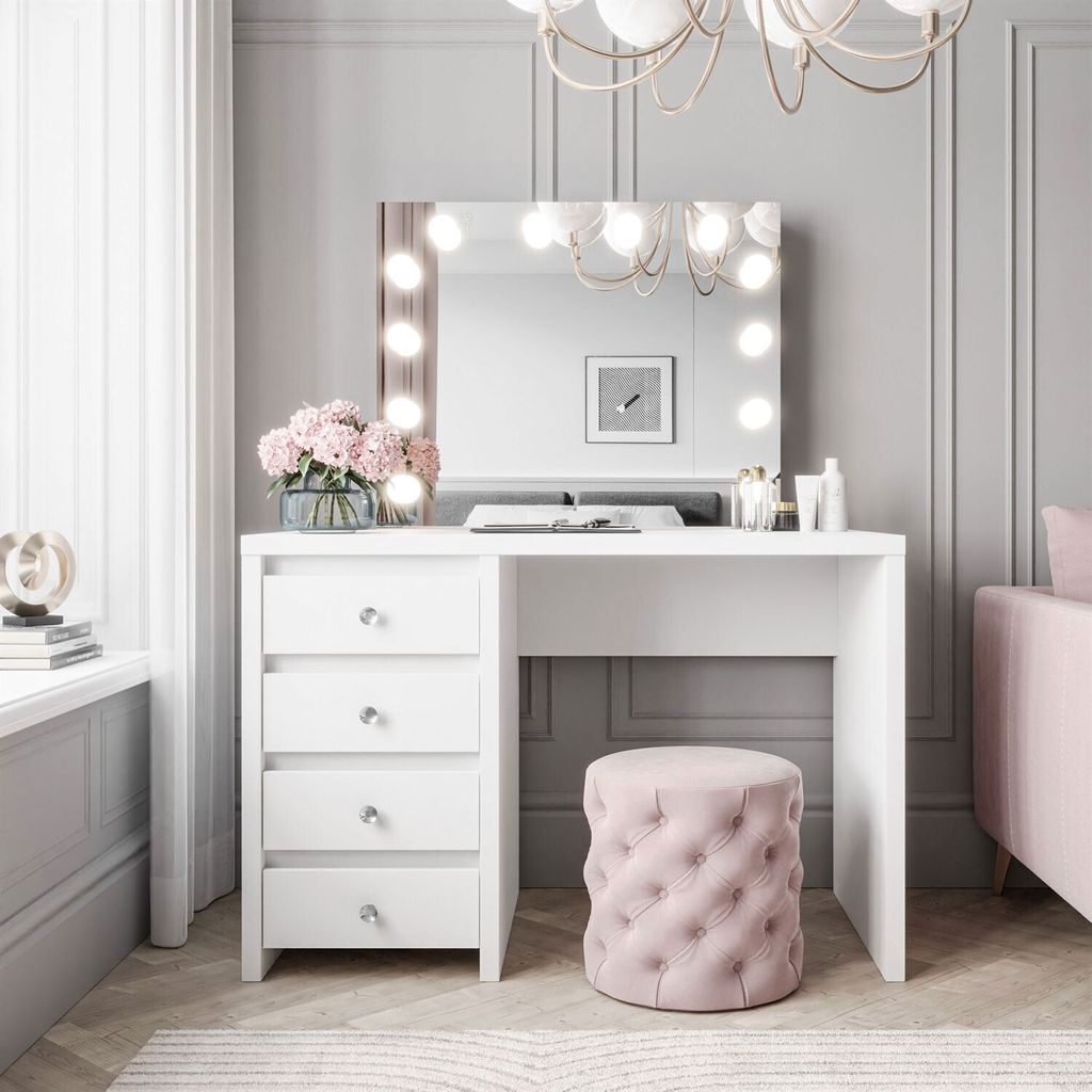 Schminktisch mit Spiegel GLAMOUR ESCADO ELITE Weiß, Griff weißes Kristall