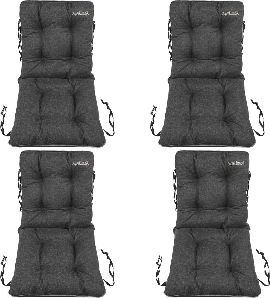 Four dark gray chair cushions are arranged in a two-by-two grid against a white background.