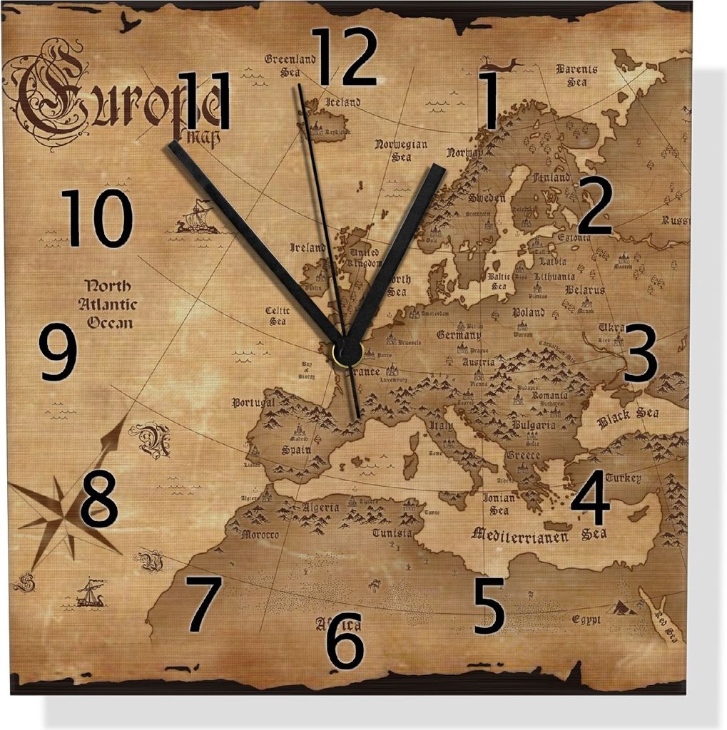 Wallario Design Wanduhr Alte Weltkarte Karte von Europa in englisch aus Aluverbund, Größe 30 x 30 cm