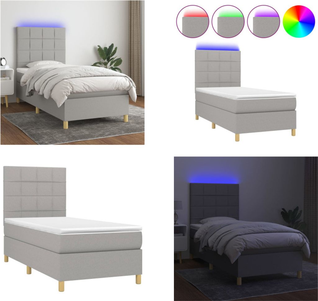 vidaXL Boxspringbett mit Matratze & LED Hellgrau 90x200 cm Stoff - Boxspringbett - Boxspringbetten - Bett - Schlafzimmermöbel
