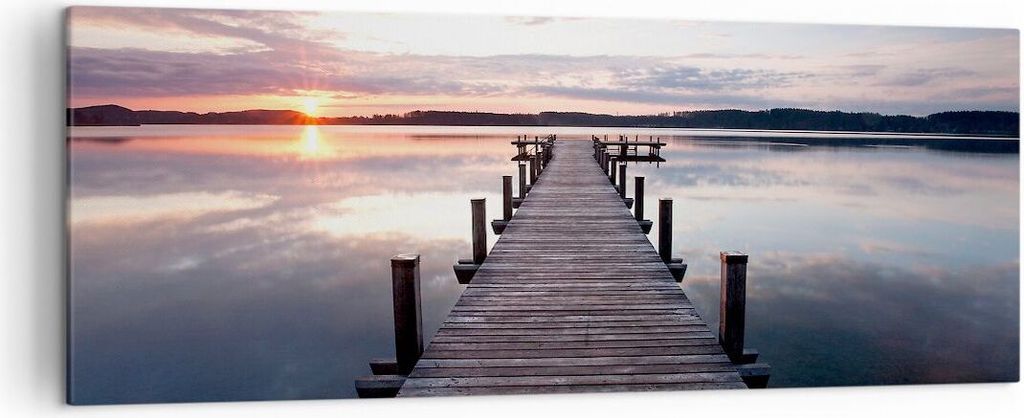Bild auf Leinwand - Leinwandbild - Fußgängerbrücke See Sonnenuntergang Abend - 140x50cm - Wand Bild - Wanddeko - Leinwanddruck - Bilder - Kunstd...