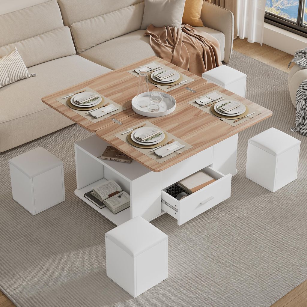 okwish Couchtisch mit 4 Hockern,höhenverstellbarer,Beweglicher Sofatisch,Wohnzimmertisch mit Schubladen,4-in-1-Multifunktions-Kaffeetisch,für Kü...