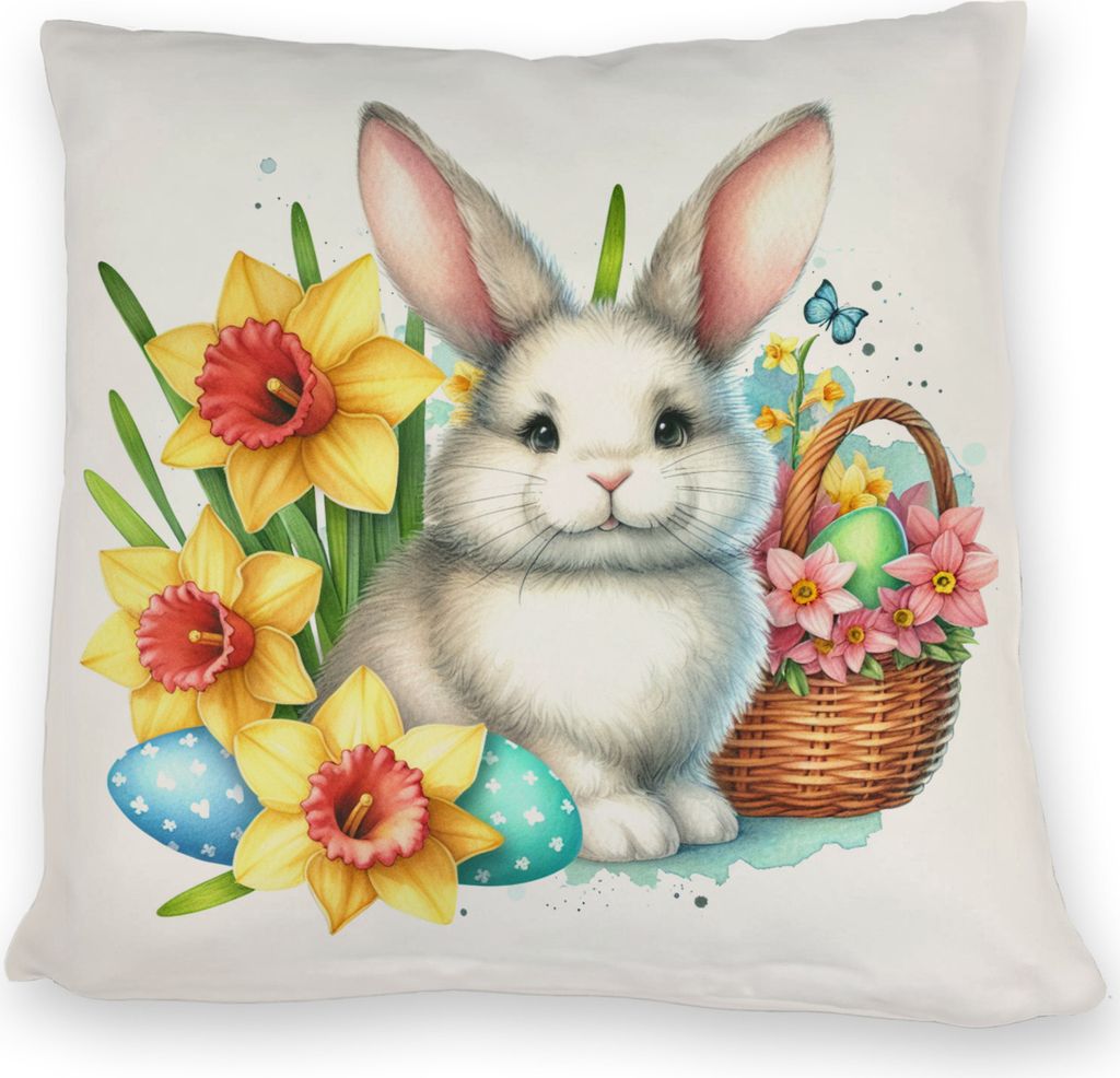 Osterhase neben Osterkorb Kissen