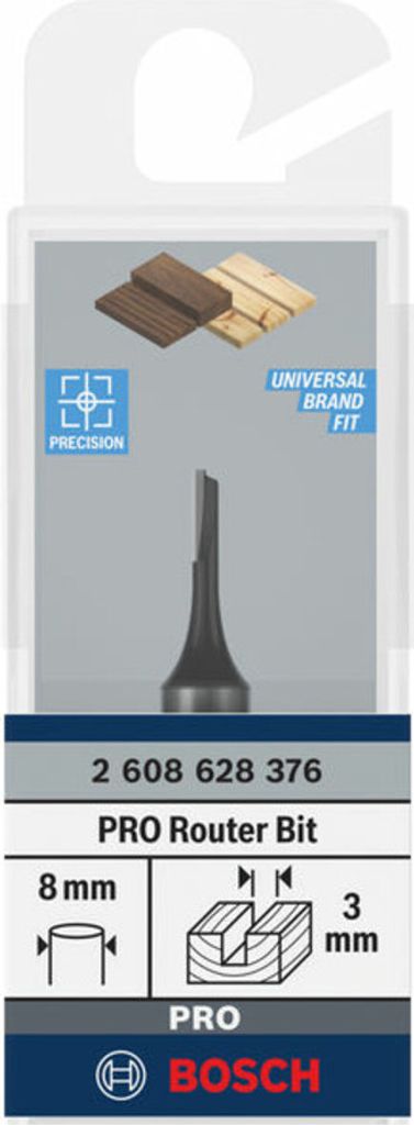The image shows the packaging of a Bosch router bit, with diagrams and text indicating its specifications and features.