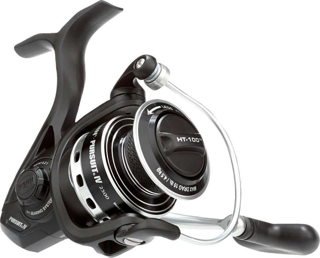 A black and silver fishing reel is shown against a white background.