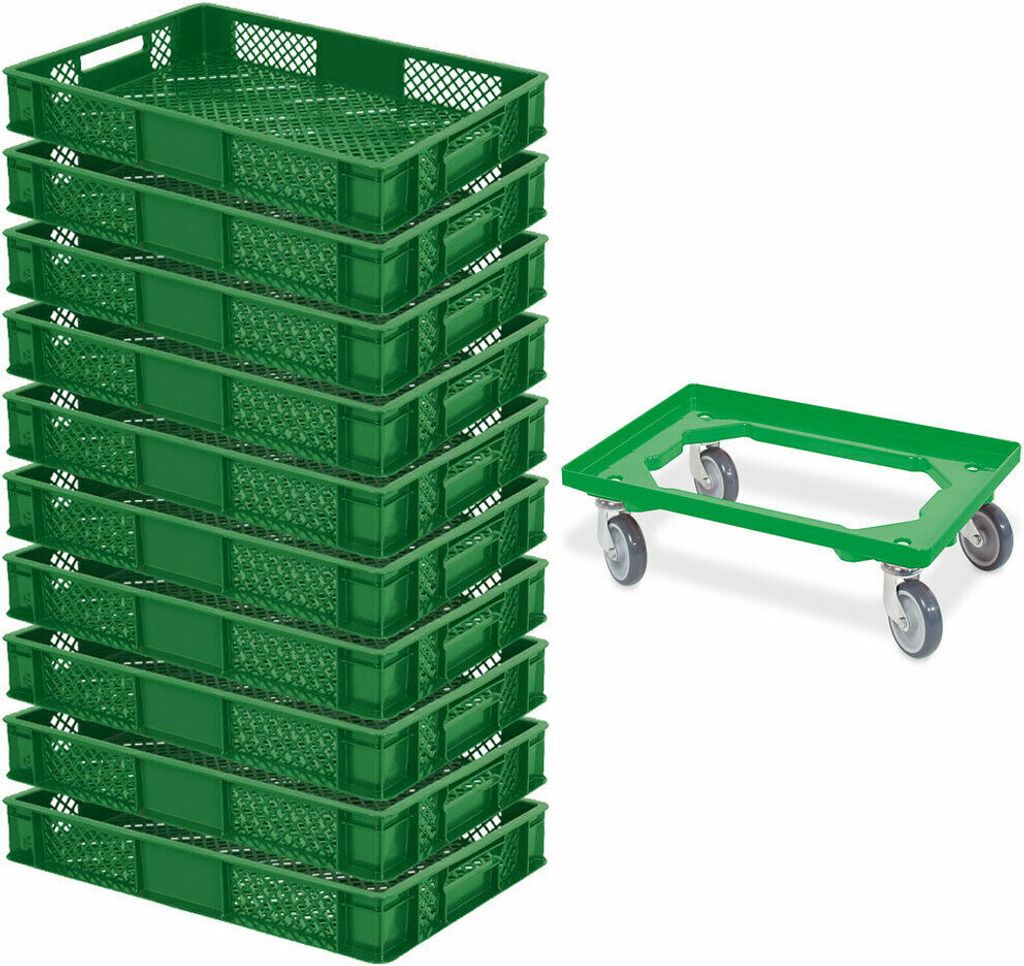 A stack of green plastic crates and a green plastic dolly with wheels.
