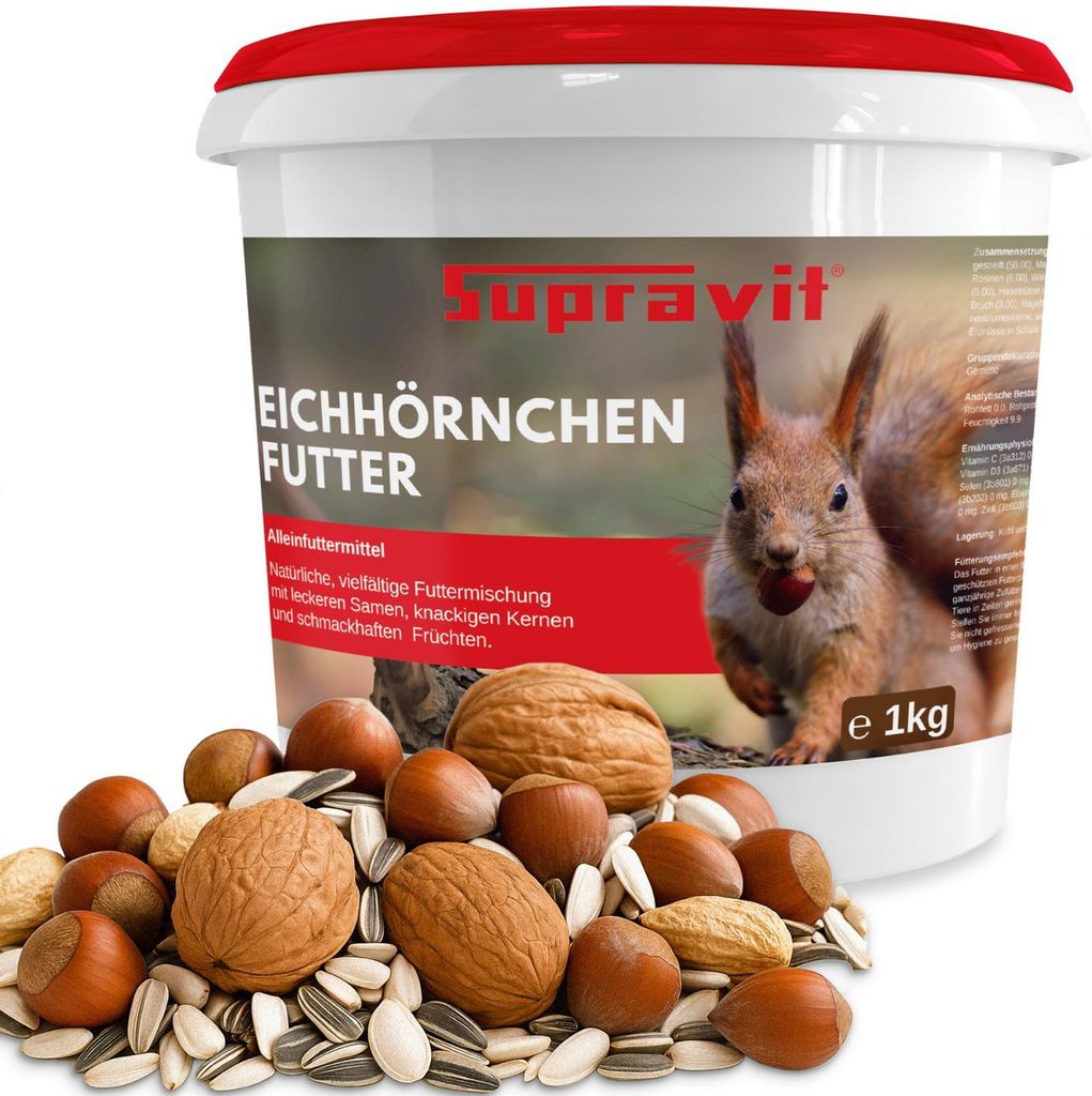 Supravit Eichhörnchen Futter 1kg | Futter mit Haselnüsse & Walnüsse mit Schale für Eichhörnchen | Ganzjähriges Eichhörnchenfutter