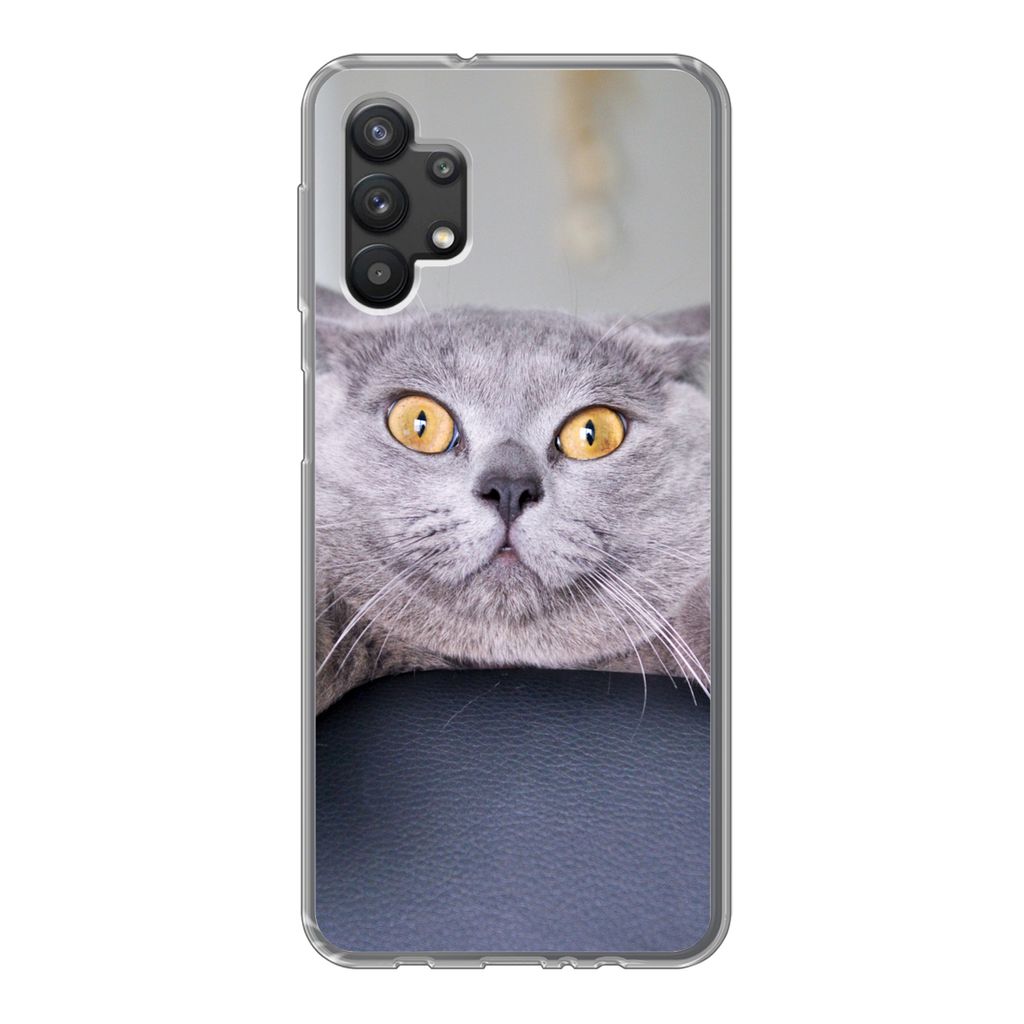 MuchoWow Handyhülle Schutzhülle Hülle für Samsung Galaxy A32 5G Katze - Angst - Stuhl Silikon Softcase Handy Hülle - Softcase