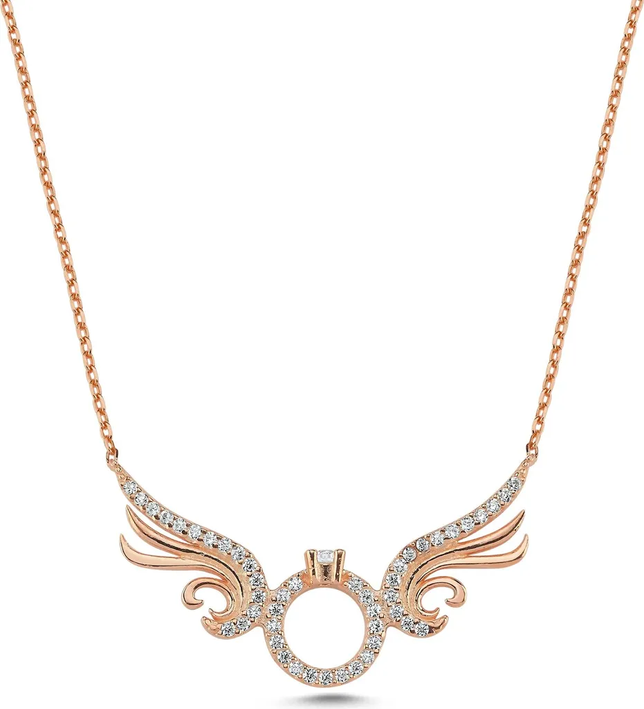 Collier Argent 925 Ailes d'Ange Bicolores et Solitaire Scintillant 50cm