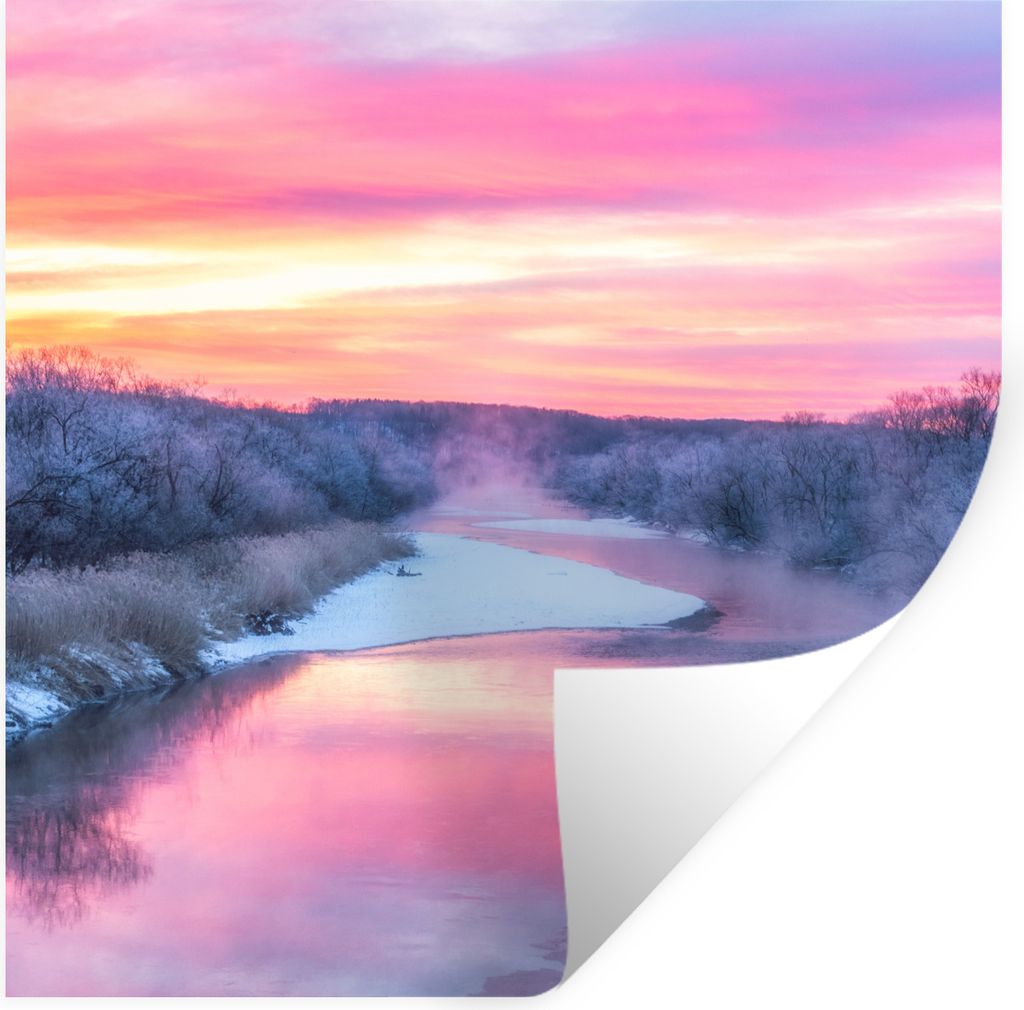 MuchoWow Wandtattoo Wandsticker Wandaufkleber Bunter Himmel über einer ruhigen Winterlandschaft 30x30 cm Selbstklebend und Repositionierbar - Re...