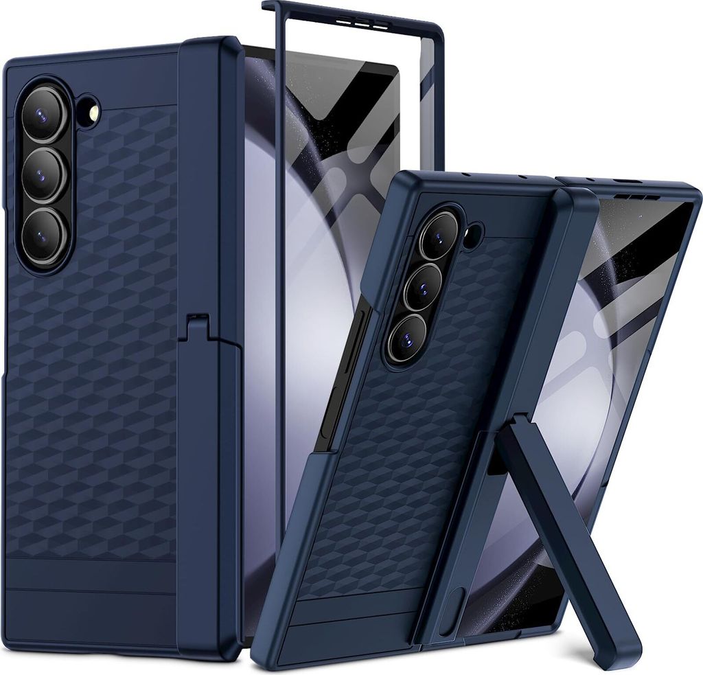 Handyhülle für Samsung Galaxy Z Fold 6 Militärischer Hülle mit Displayschutzfolie und Ständer, Scharnierschutz Blau