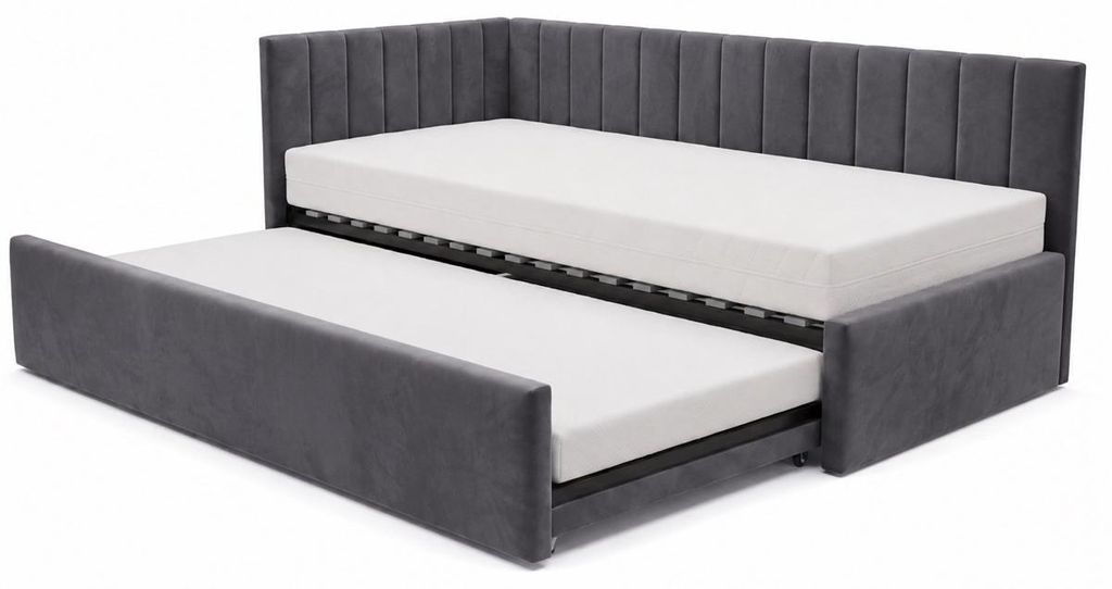 Kinderbett Alvin 01 100x200 - Jugendbett mit einer Schublade und zwei Liegeflächen - Einer Matratze T28-30 - Weich Jasmine-Stoff - Dunkelgrau, Links