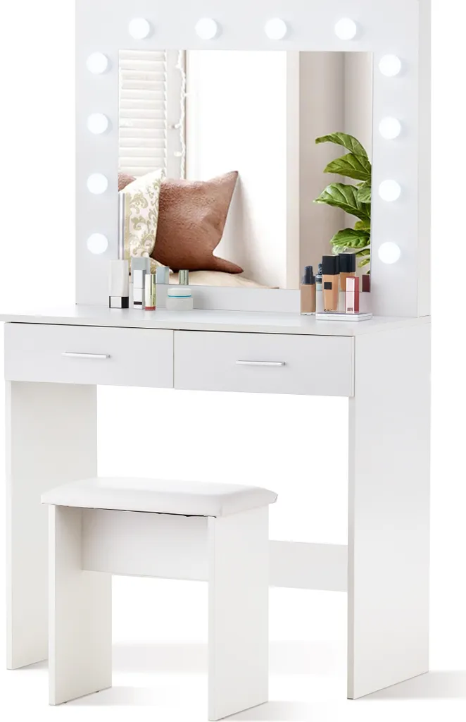 Coiffeuse Blanche Compacte pour Ranger Maquillage et Bijoux avec Siège