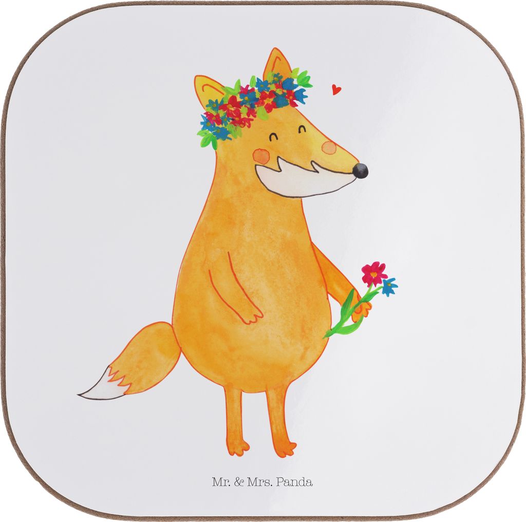 Mr. & Mrs. Panda Untersetzer für Gläser Fuchs Blumen - Weiß - Geschenk, Tassenuntersetzer, Blumenliebe, weinglasuntersetzer, Coaster, Boho, Fox,...