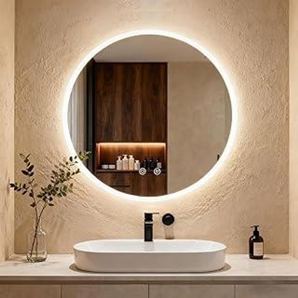 Clevich Badspiegel mit Beleuchtung rund 60 cm, LED Spiegel mit 3 Lichtfarben dimmbar, gehärtetes Glas und mattierter Rand, Touch-Schalter, Memory-...