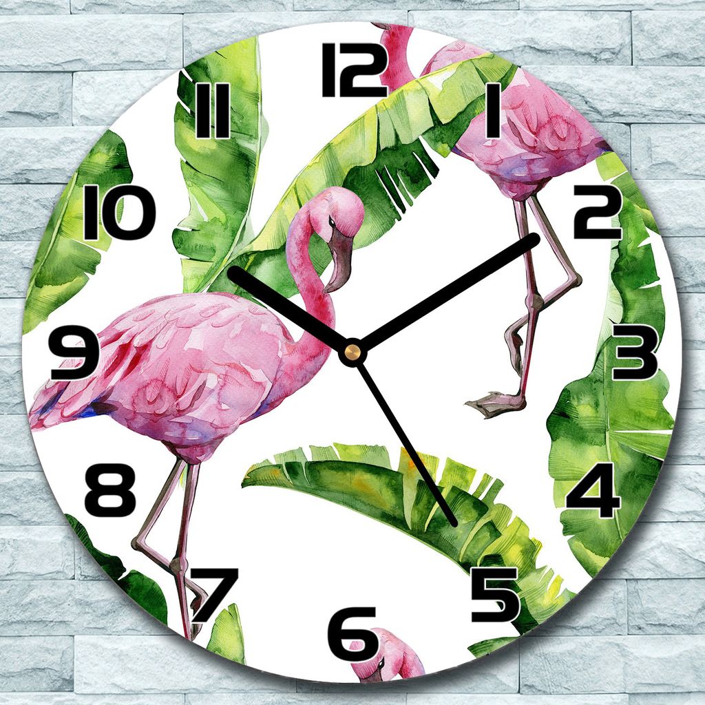 Wanduhr aus Glas Rund fi 30 Flamingo und Blätter Quarz Deko Schlafzimmer Büro