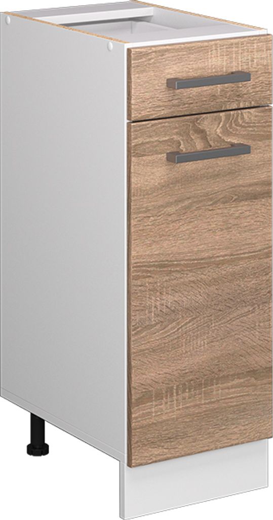 A single kitchen base cabinet with two drawers, shown from a three-quarter angle.