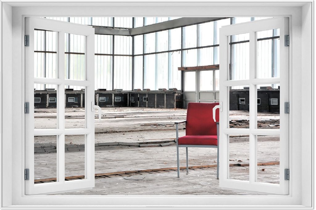 Wallario Wandbild mit Fenster-Illusion: Stille und Leere - ein einsamer roter Stuhl in einer alten Halle, Größe: 61 x 91,5 cm, Poster mit weißem...