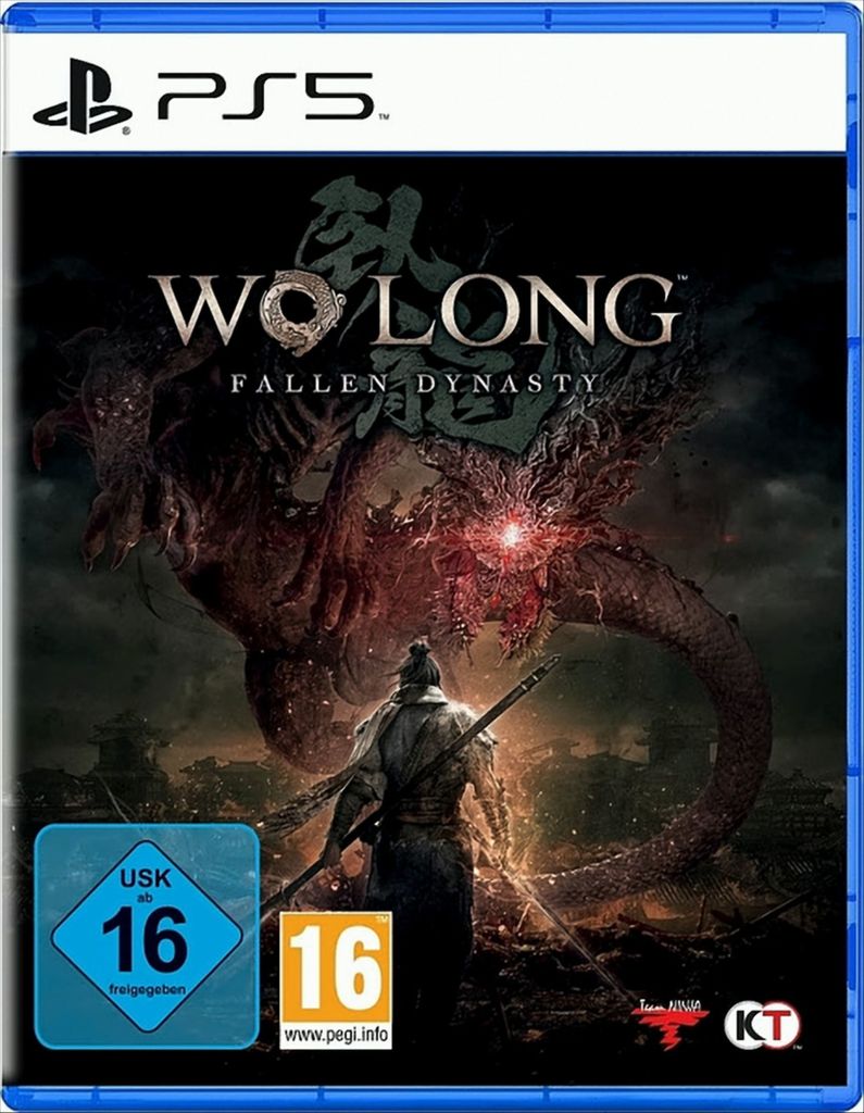 The image is a product shot of the video game 'Wo Long: Fallen Dynasty' for PlayStation 5. It features the game's cover art, which depicts a warrior facing a large, monstrous creature. The cover also includes age rating symbols and logos.