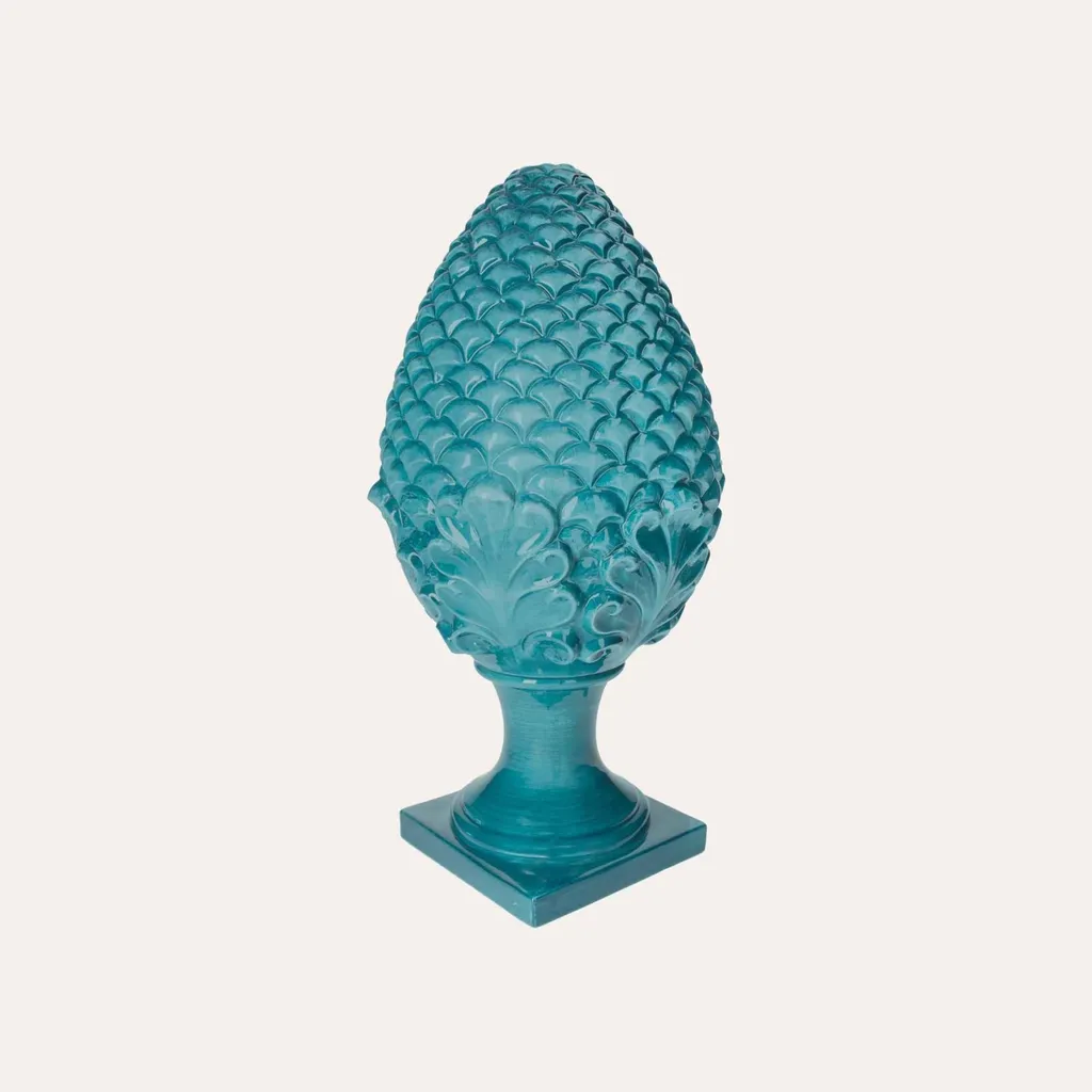 Pomme de pin déco 60 cm céramique pétrole finition brillante luxe
