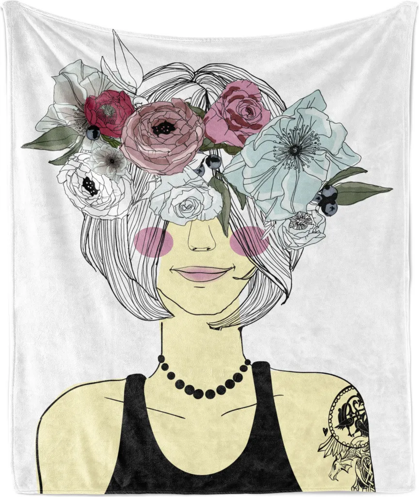 ABAKUHAUS Moda Morbida coperta in pile di flanella, graziosa ragazza hipster stilizzata con tatuaggi che indossa un copricapo floreale, 175 x 230 cm, giallo pallido multicolore