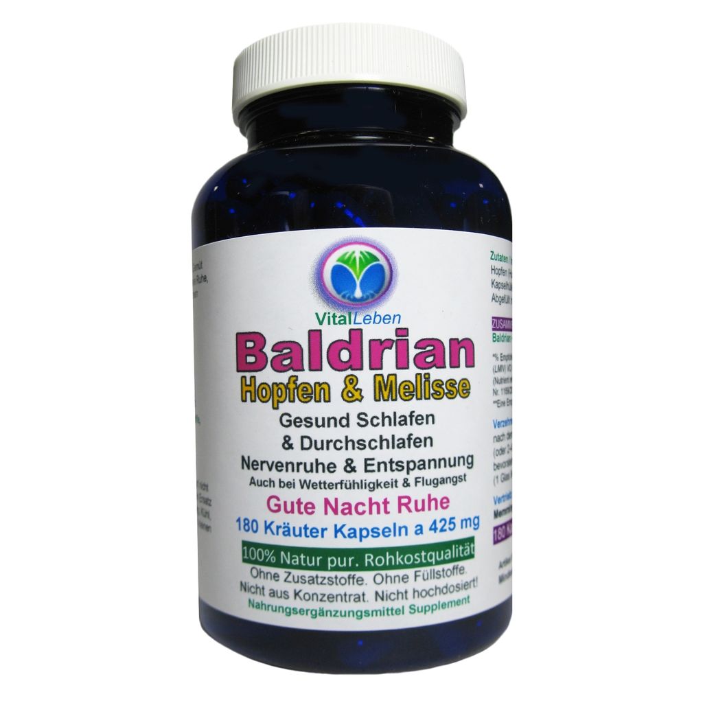 Baldrian Hopfen & Melisse 180 Pulver Kapseln. Nerven Produktbild 