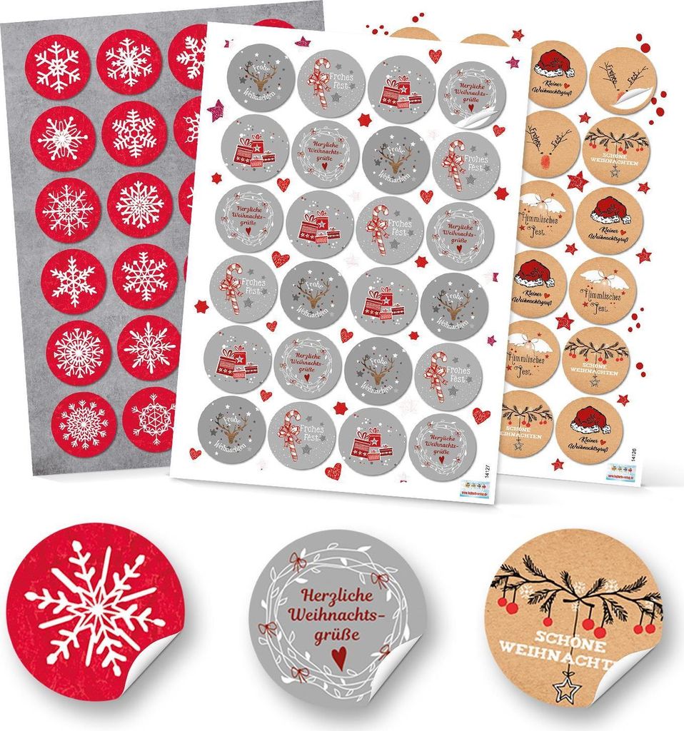SET 6 x 24 Weihnachtsaufkleber Geschenkaufkleber weihnachtlich Sticker rund 4 cm grau weiß rot natur schwarz Verpackung Weihnachtsgeschenke Gesche...