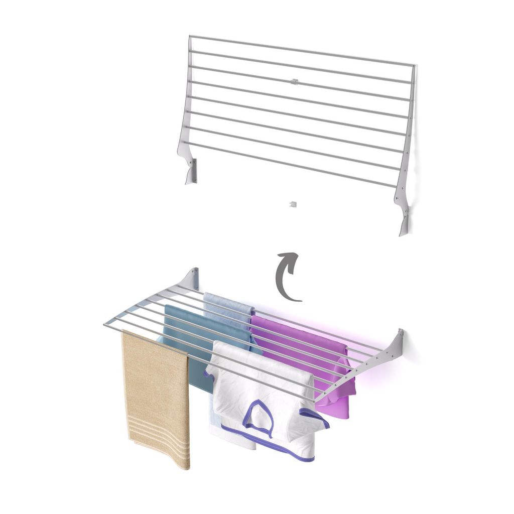 A wall-mounted drying rack shown in two states: empty and with towels hanging on it.