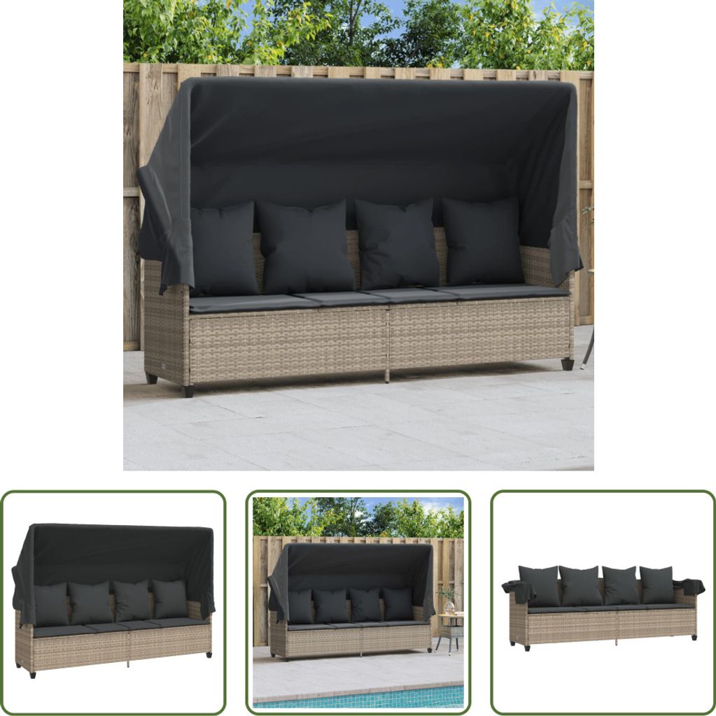 The Living Store Sonnenliege mit Dach und Kissen Hellgrau Poly Rattan