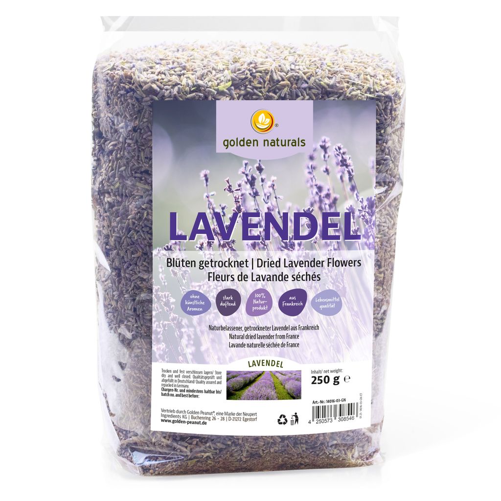 Golden Naturals Lavendelblüten getrocknet 250 g Beutel, aromatischer Lavendel, Tee, duftintensiv, Lebensmittelqualität