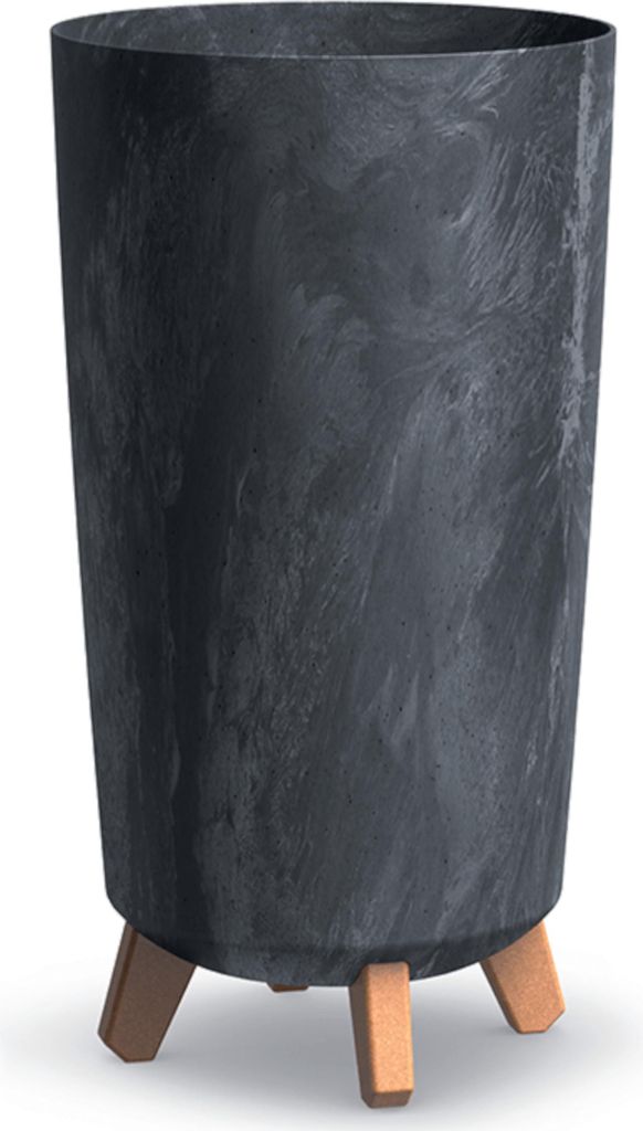 A dark gray planter with a marbled texture sits on three light brown wooden legs against a white background.