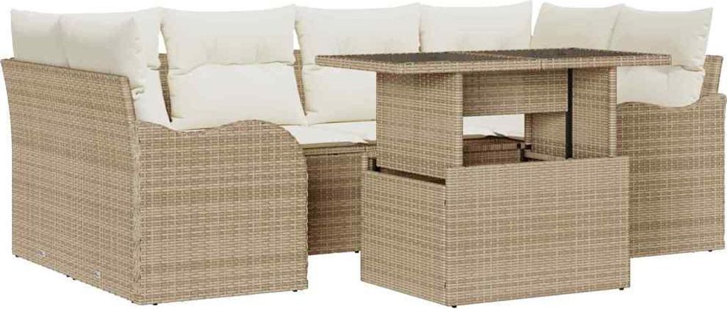 vidaXL Gartensofa-set mit Kissen mit Speicher 7 pcs Beige Poly Rattan