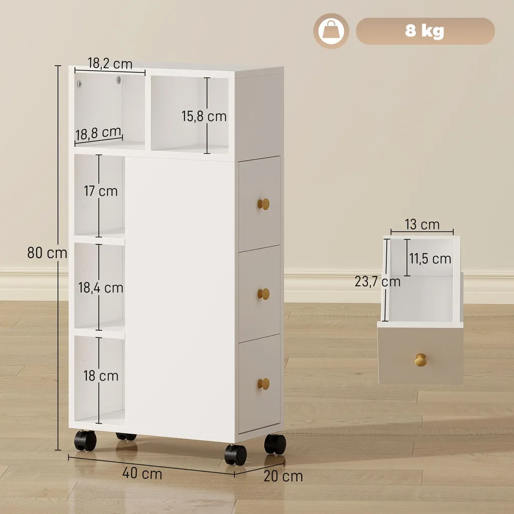 Meuble de salle de bain 3 tiroirs et 5 compartiments sur roulettes 80cm