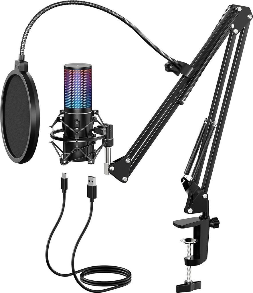 RGB USB Gaming Mikrofon für PC, Podcast und Streaming, Nierencharakteristik, Metallgehäuse, Boom-Arm, Stummschalttaste, kompatibel mit Twitch, PS...