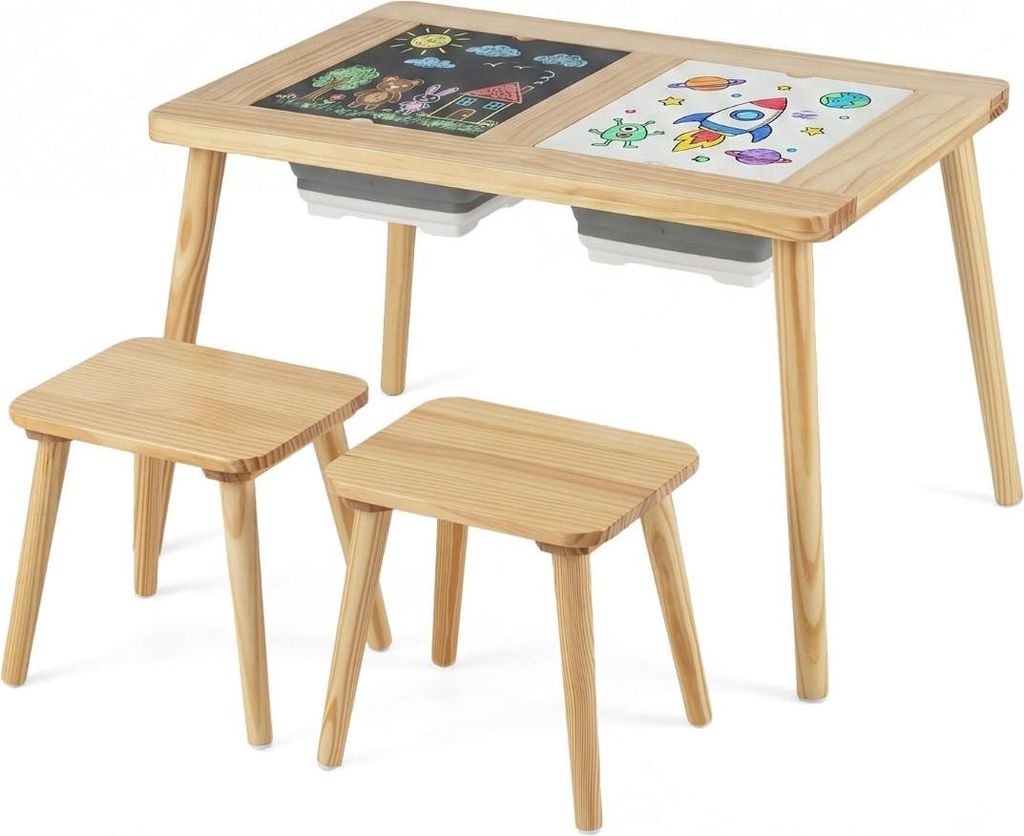 Kinderaktivitätstisch mit 2 Hockern und doppelseitigen Spielbrettern
