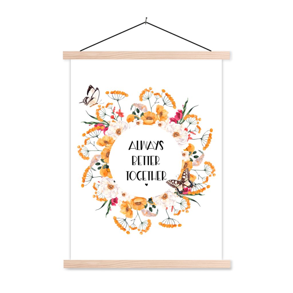 MuchoWow Textilposter Sprichwörter - Zusammen ist es immer besser - Zitate 120x160 cm mit holzfarbenen Rahmen - Plakatkarton