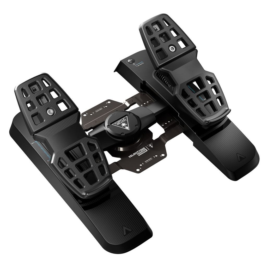 A pair of black gaming rudder pedals on a white background.