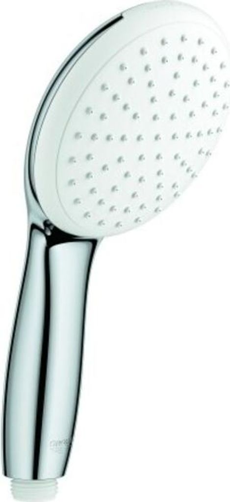 A hand shower head with a chrome handle and white spray face.