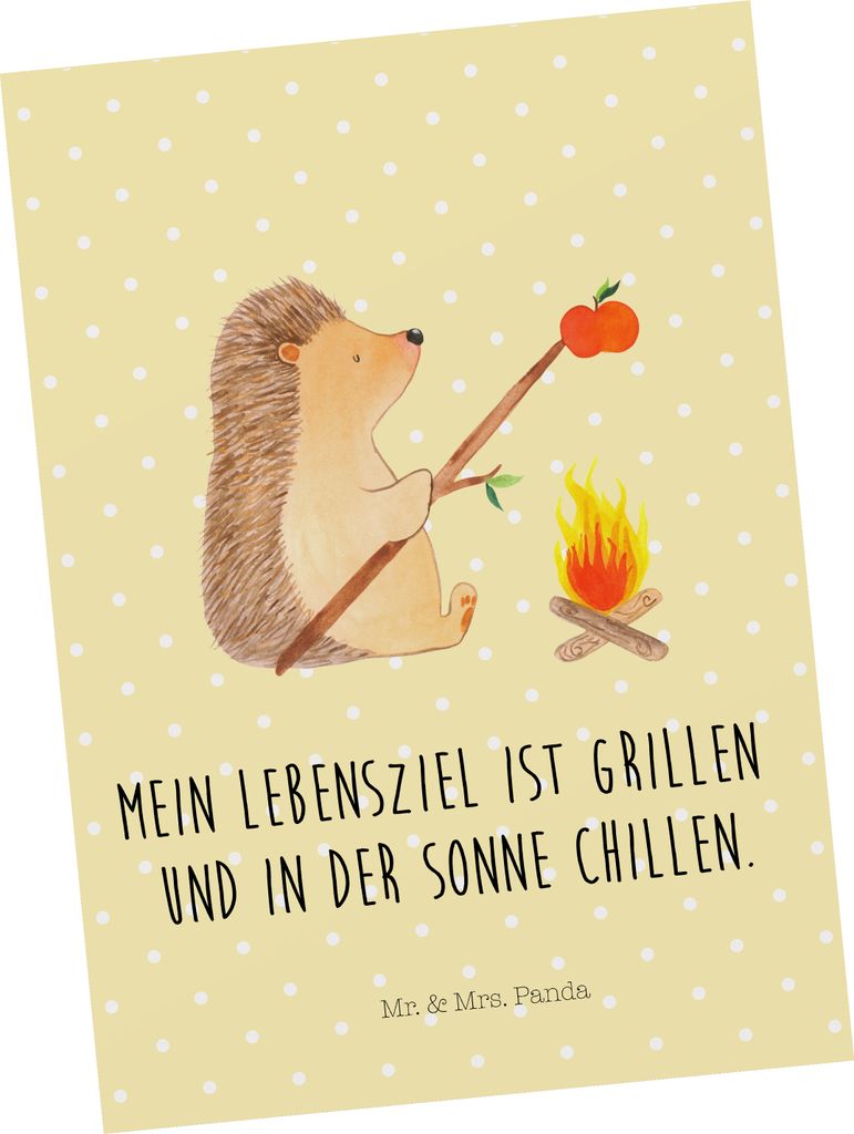 Mr. & Mrs. Panda Postkarte Igel Grillen - Gelb Pastell - Geschenk, Postkarten, Grußkarte, Fotokarte, Lustige Sprüche, Ansichtskarten, bildkarte, ...