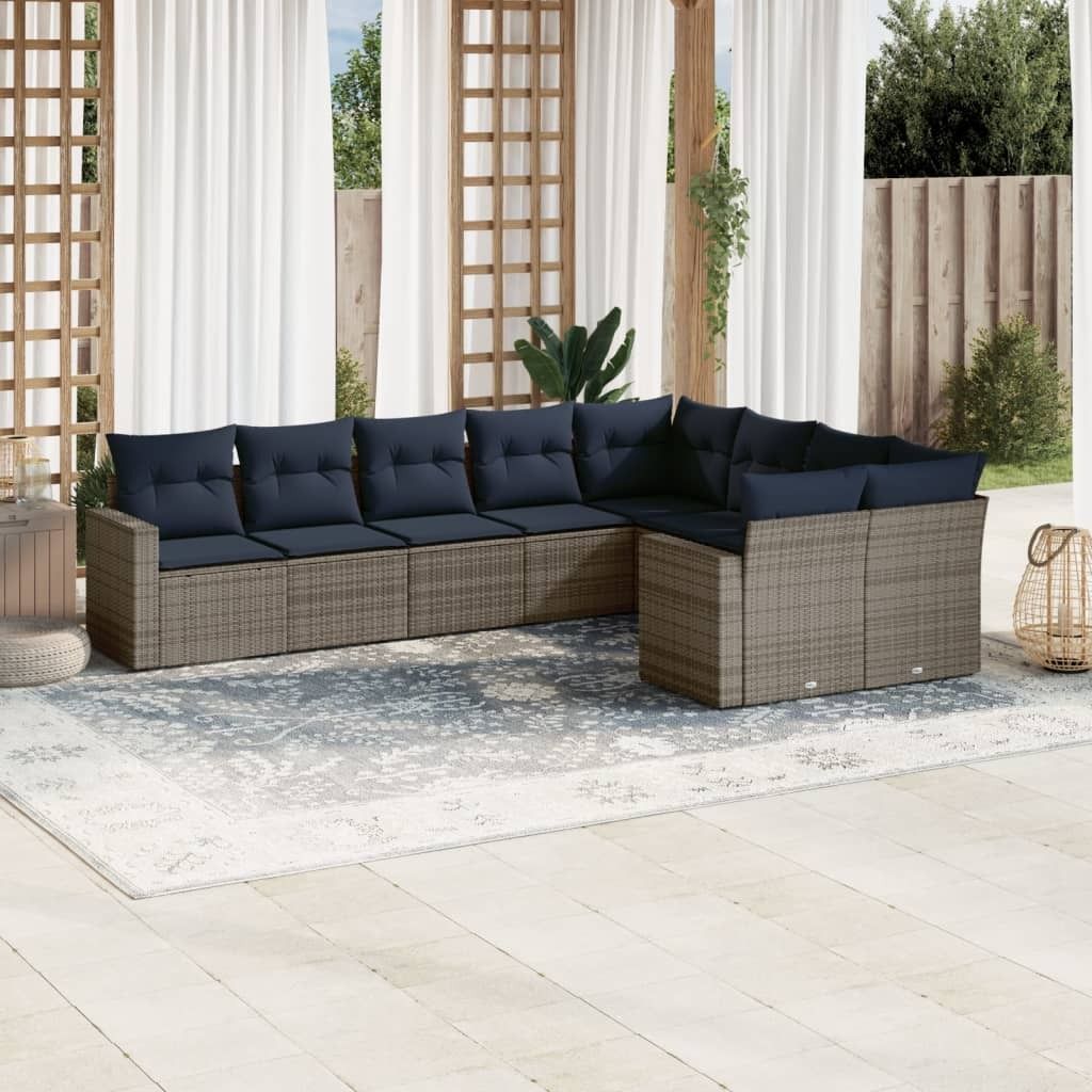 "Rabatt" 9-tlg. Garten-Sofagarnitur - mit sofa - mit Kissen Grau Poly Rattan - Lounge-Dining set CC9725