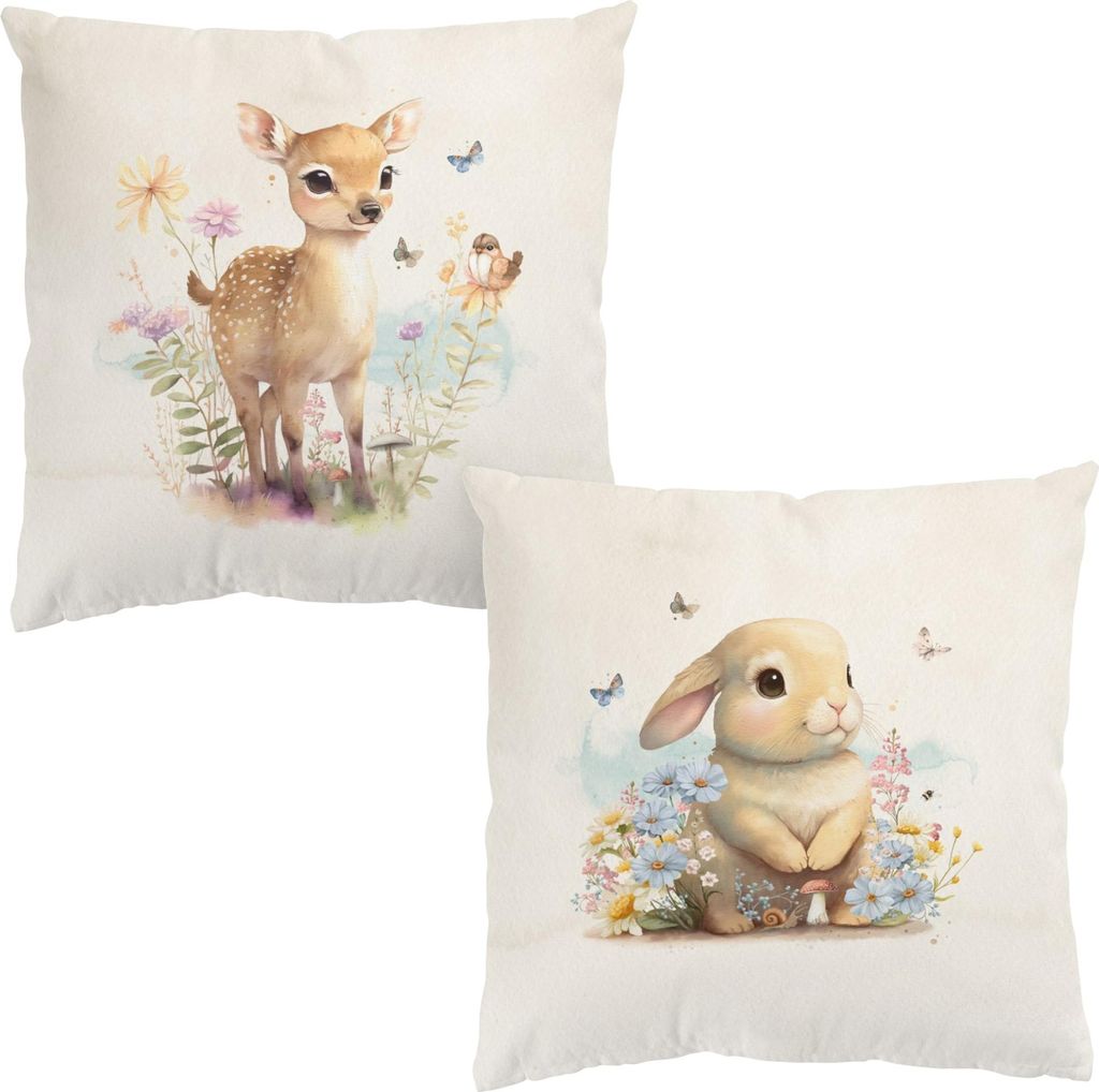 Dekokissen 2-teilig Tiere drinnen / Indoor Zierkissen Canvas waschbar Design beige Aquarell Illustration Sofakissen mit Füllung